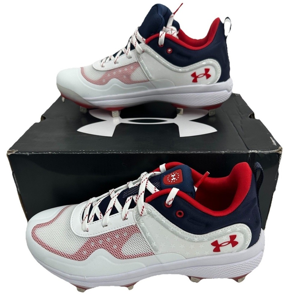 Under Armour Women's Glyde USA Metal Fastpitch Softball Cleats Wht/Royal Sz 8 Nw